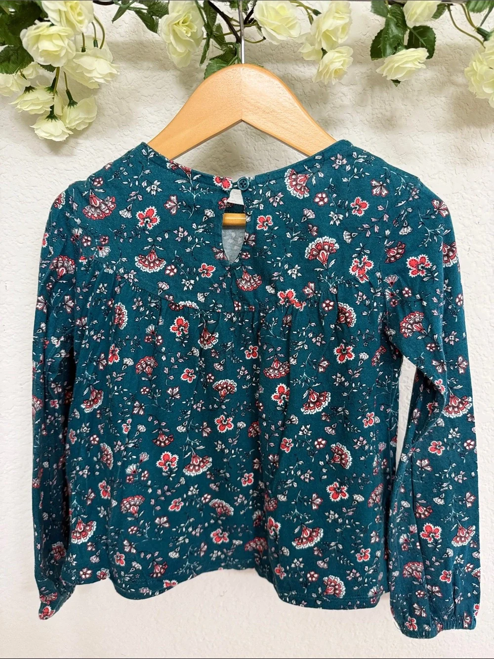 Old Navy • Teal Ruffle Cotton Long-Sleeve Top with Red Floral Accents